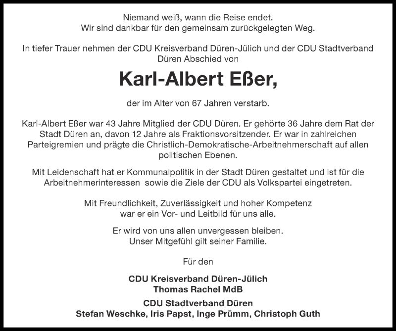  Traueranzeige für Karl-Albert Eßer vom 24.01.2021 aus Zeitung am Sonntag