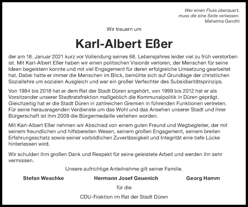  Traueranzeige für Karl-Albert Eßer vom 24.01.2021 aus Zeitung am Sonntag