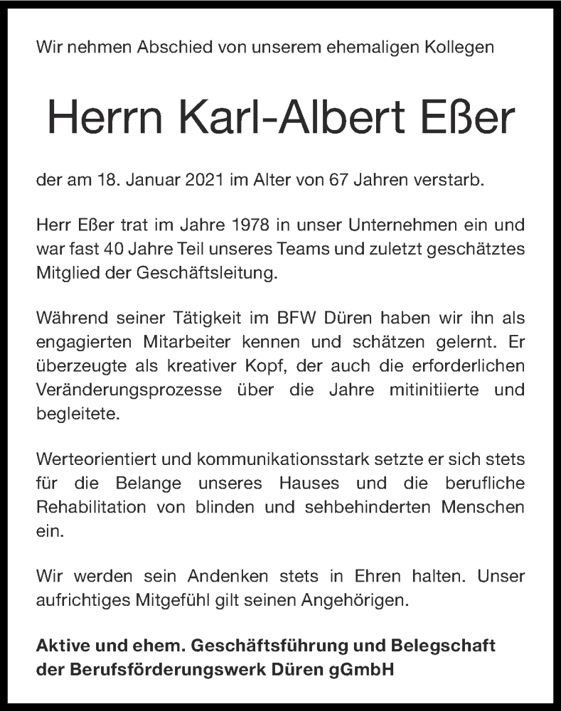  Traueranzeige für Karl-Albert Eßer vom 31.01.2021 aus Zeitung am Sonntag