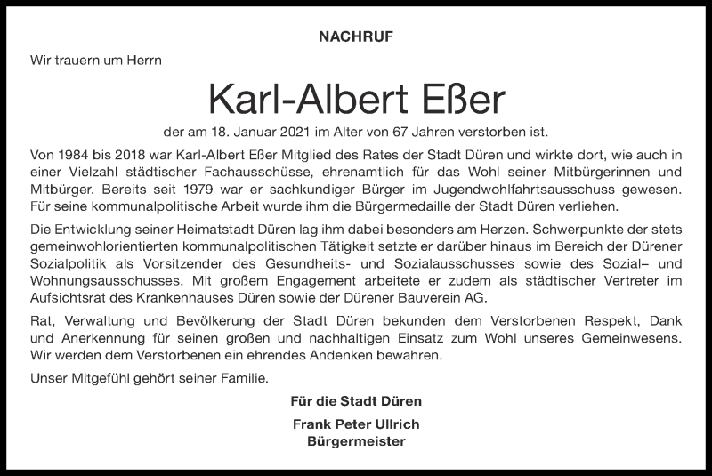  Traueranzeige für Karl-Albert Eßer vom 31.01.2021 aus Zeitung am Sonntag