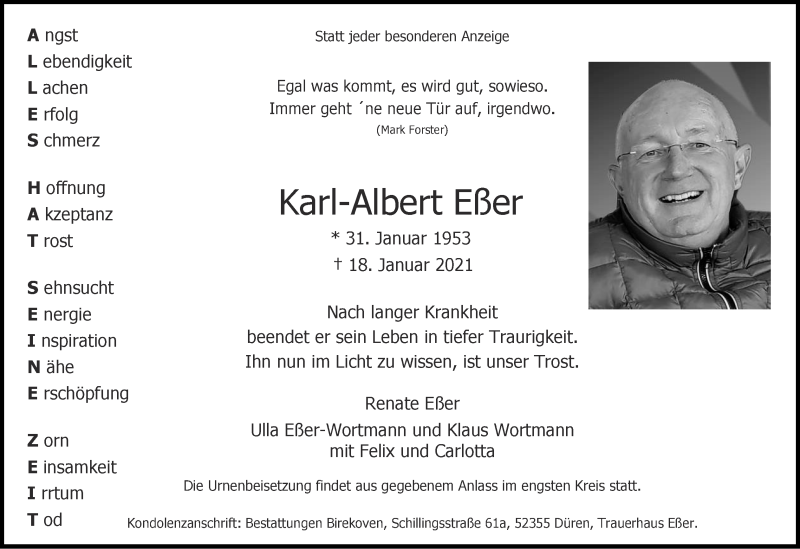  Traueranzeige für Karl-Albert Eßer vom 24.01.2021 aus Zeitung am Sonntag