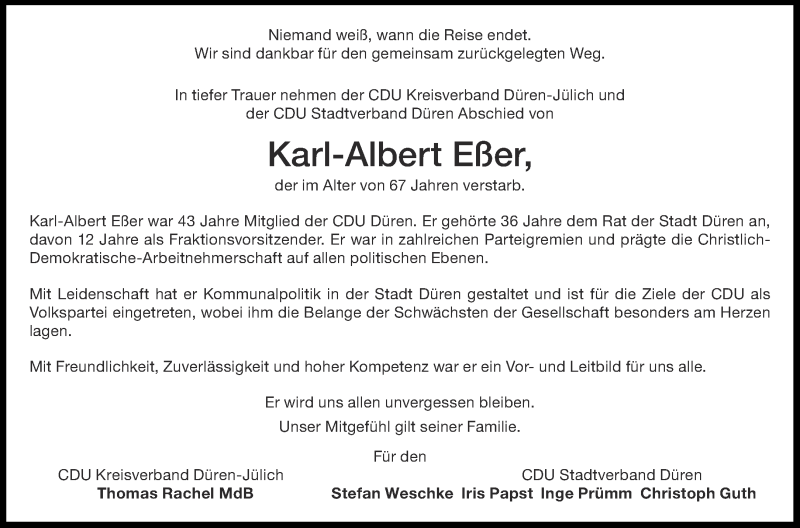  Traueranzeige für Karl-Albert Eßer vom 23.01.2021 aus Aachener Zeitung / Aachener Nachrichten