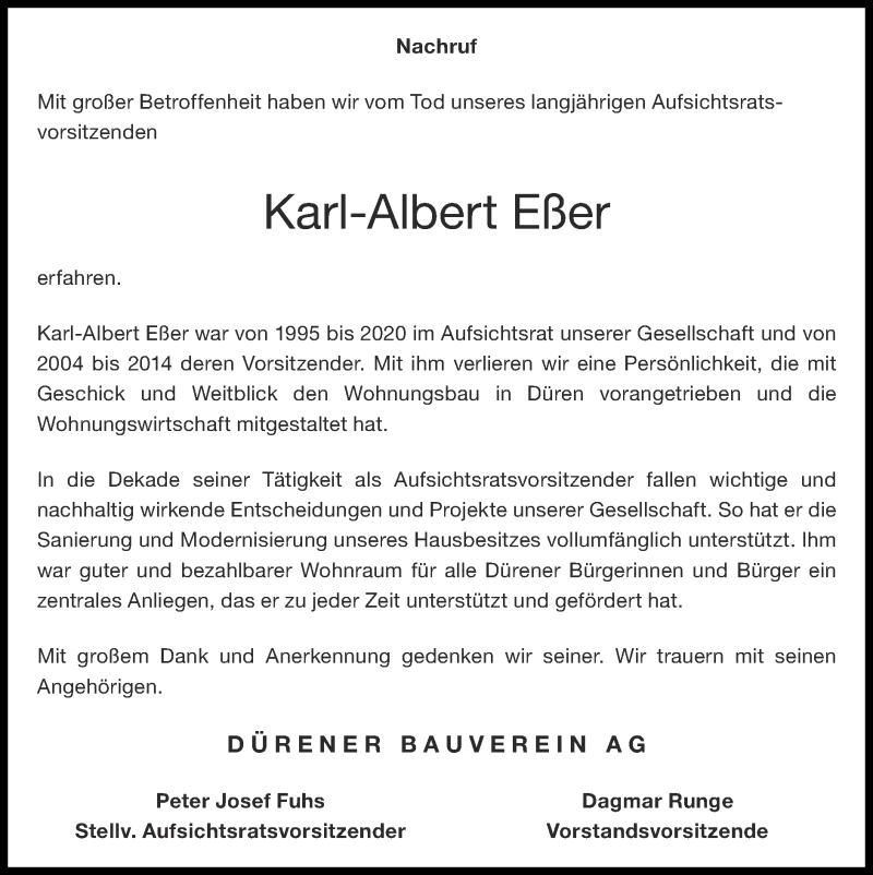  Traueranzeige für Karl-Albert Eßer vom 31.01.2021 aus Zeitung am Sonntag