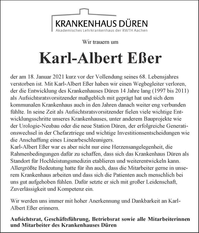  Traueranzeige für Karl-Albert Eßer vom 31.01.2021 aus Zeitung am Sonntag