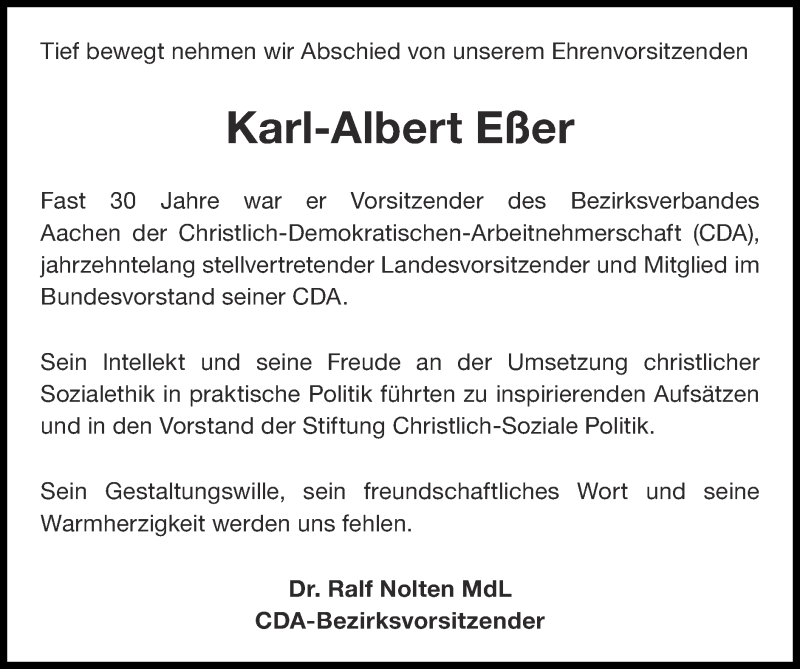  Traueranzeige für Karl-Albert Eßer vom 24.01.2021 aus Zeitung am Sonntag