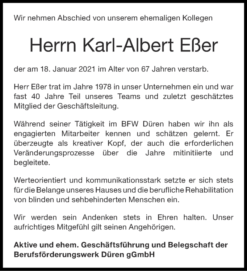  Traueranzeige für Karl-Albert Eßer vom 30.01.2021 aus Aachener Zeitung / Aachener Nachrichten