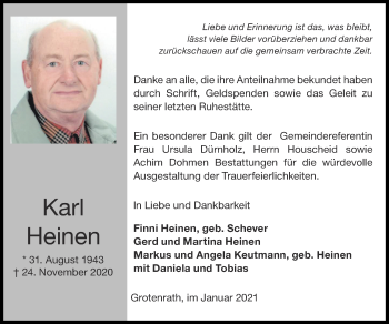 Traueranzeige von Karl Heinen von Zeitung am Sonntag