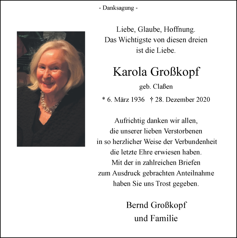  Traueranzeige für Karola Großkopf vom 31.01.2021 aus Zeitung am Sonntag