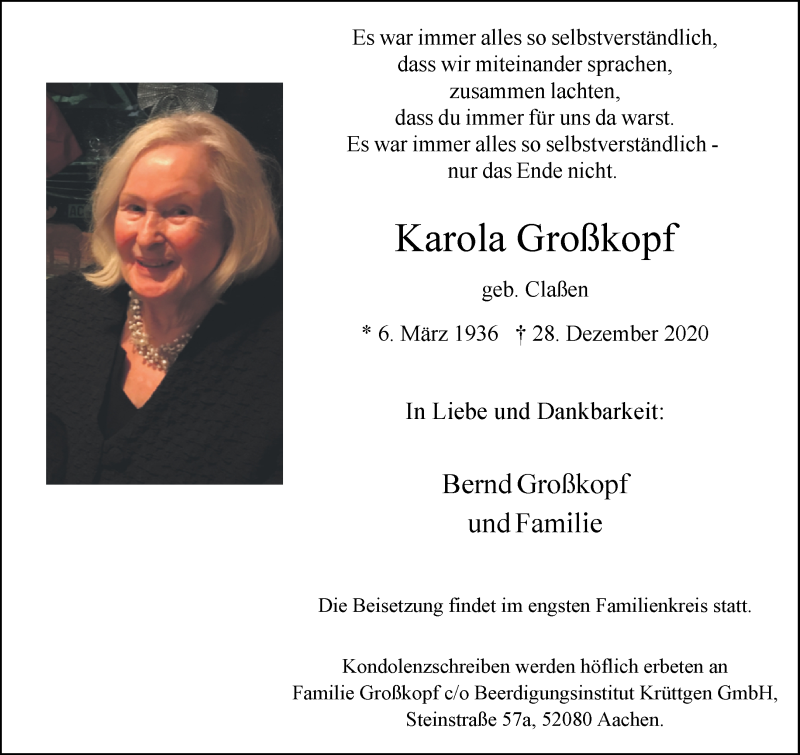  Traueranzeige für Karola Großkopf vom 02.01.2021 aus Aachener Zeitung / Aachener Nachrichten