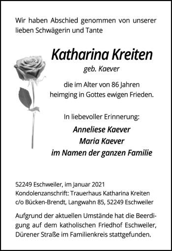 Traueranzeige von Katharina Kreiten von Zeitung am Sonntag
