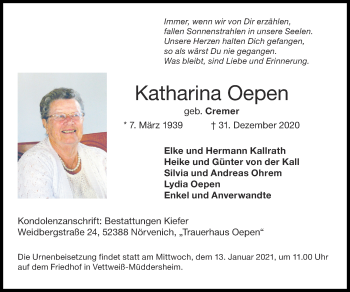 Traueranzeige von Katharina Oepen von Zeitung am Sonntag