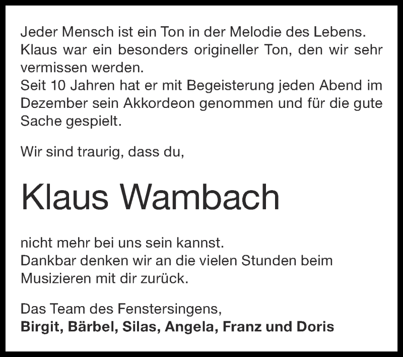  Traueranzeige für Klaus Wambach vom 24.01.2021 aus Zeitung am Sonntag