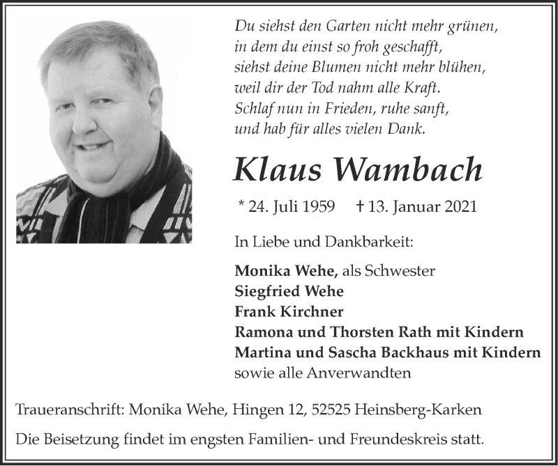  Traueranzeige für Klaus Wambach vom 24.01.2021 aus Zeitung am Sonntag