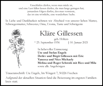 Traueranzeige von Kläre Gillessen von Zeitung am Sonntag