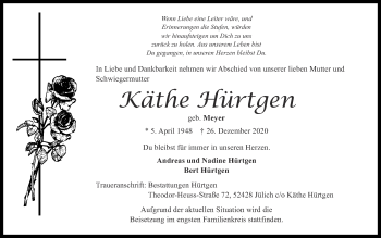 Traueranzeige von Käthe Hürtgen von Zeitung am Sonntag