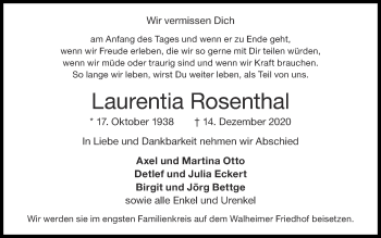 Traueranzeige von Laurentia Rosenthal von Zeitung am Sonntag