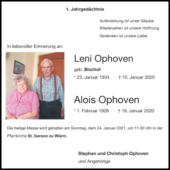 Traueranzeige von Leni Ophoven von Zeitung am Sonntag