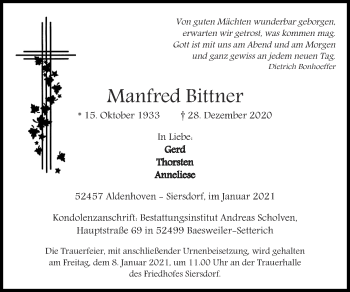 Traueranzeige von Manfred Bittner von Zeitung am Sonntag