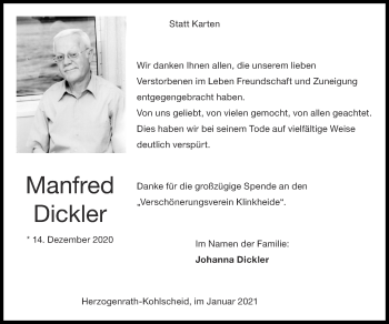 Traueranzeige von Manfred Dickler von Zeitung am Sonntag