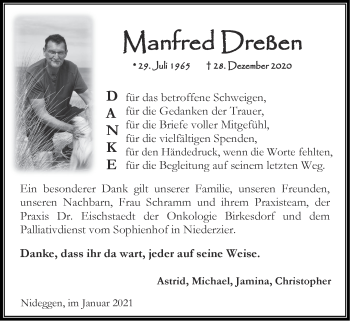 Traueranzeige von Manfred Dreßen von Zeitung am Sonntag