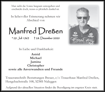 Traueranzeige von Manfred Dreßen von Zeitung am Sonntag