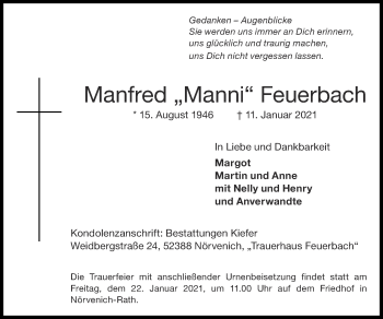 Traueranzeige von Manfred Feuerbach von Zeitung am Sonntag