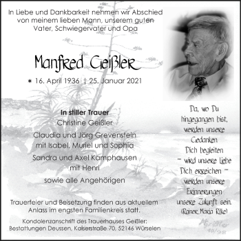 Traueranzeige von Manfred Geißler von Zeitung am Sonntag