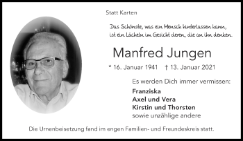 Traueranzeige von Manfred Jungen von Zeitung am Sonntag