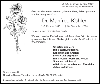Traueranzeige von Manfred Köhler von Zeitung am Sonntag