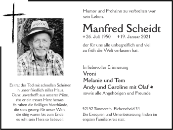 Traueranzeige von Manfred Scheidt von Zeitung am Sonntag