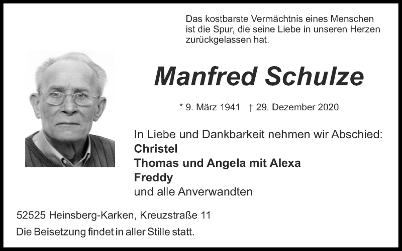  Traueranzeige für Manfred Schulze vom 10.01.2021 aus Zeitung am Sonntag