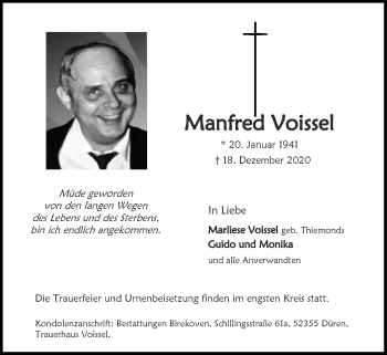 Traueranzeige von Manfred Voissel von Zeitung am Sonntag