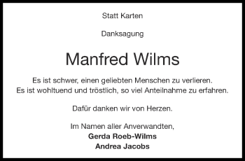 Traueranzeige von Manfred Wilms von Zeitung am Sonntag