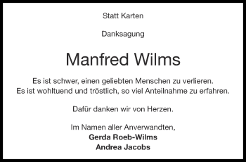 Traueranzeige von Manfred Wilms von Aachener Zeitung / Aachener Nachrichten