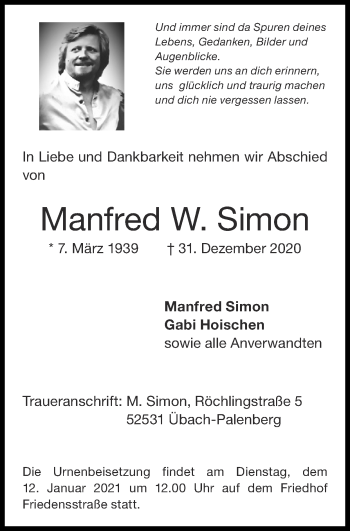 Traueranzeige von Manfred W. Simon von Zeitung am Sonntag