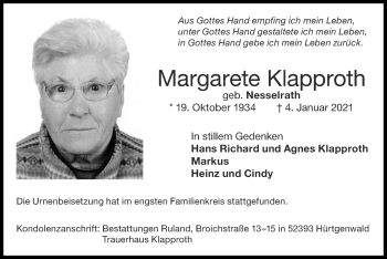 Traueranzeige von Margarete Klapproth von Zeitung am Sonntag