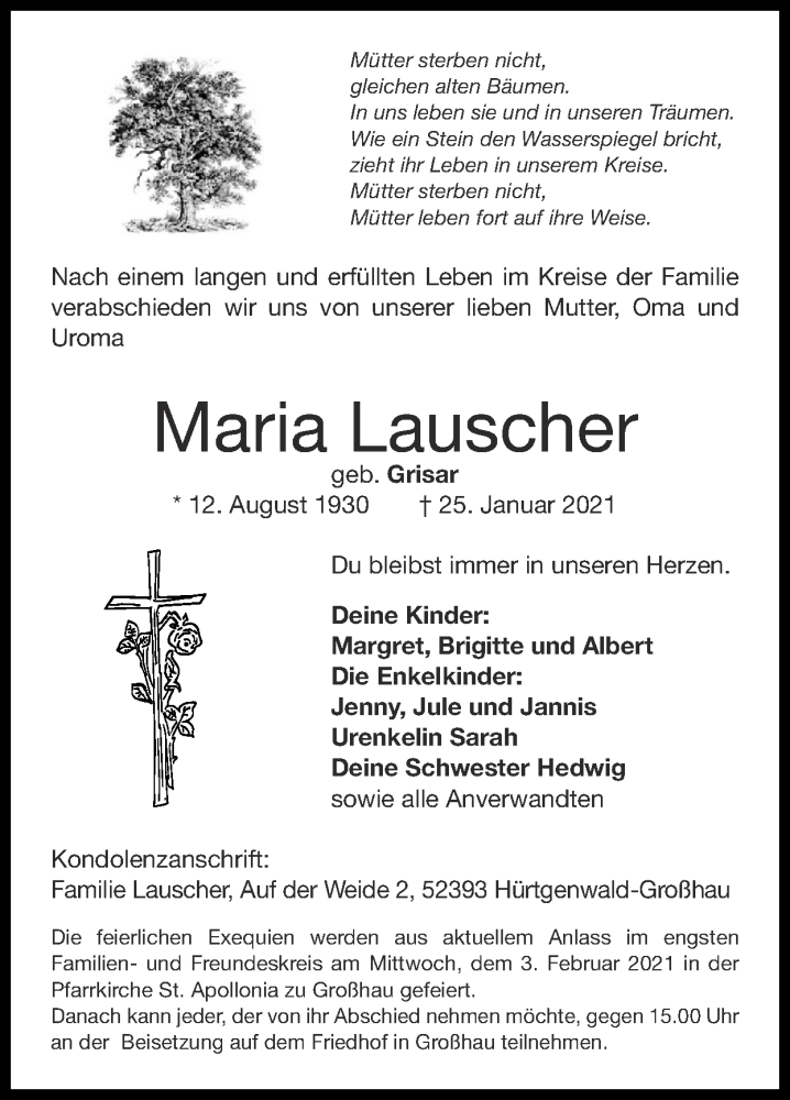 Traueranzeige für Maria Lauscher vom 31.01.2021 aus Zeitung am Sonntag