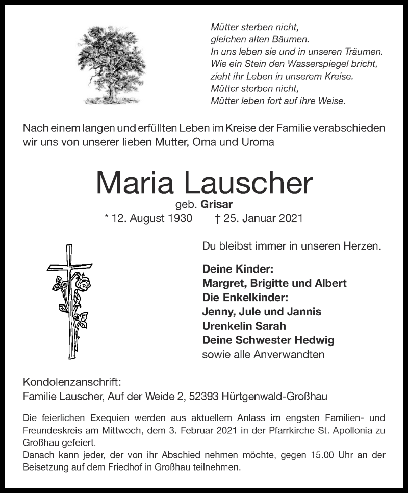  Traueranzeige für Maria Lauscher vom 30.01.2021 aus Aachener Zeitung / Aachener Nachrichten