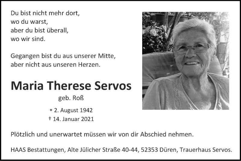  Traueranzeige für Maria Therese Servos vom 24.01.2021 aus Zeitung am Sonntag