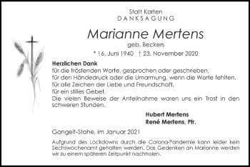 Traueranzeige von Marianne Mertens von Zeitung am Sonntag