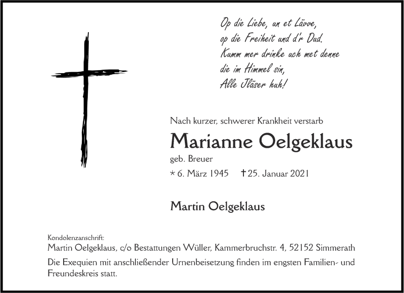  Traueranzeige für Marianne Oelgeklaus vom 30.01.2021 aus Aachener Zeitung / Aachener Nachrichten