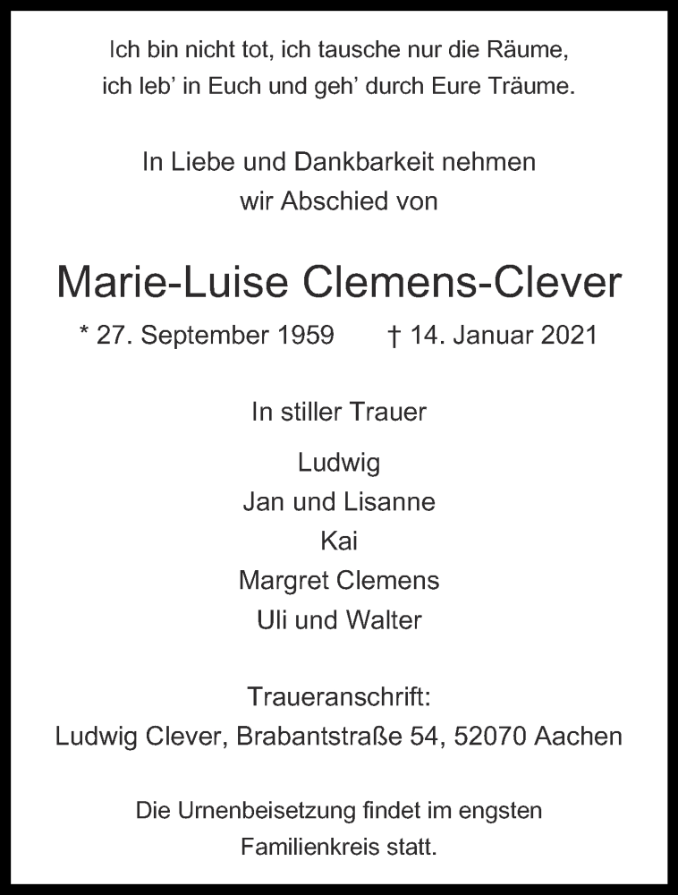 Traueranzeige für Marie-Luise Clemens-Clever vom 23.01.2021 aus Aachener Zeitung / Aachener Nachrichten