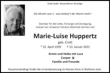Traueranzeige von Marie-Luise Huppertz von Zeitung am Sonntag