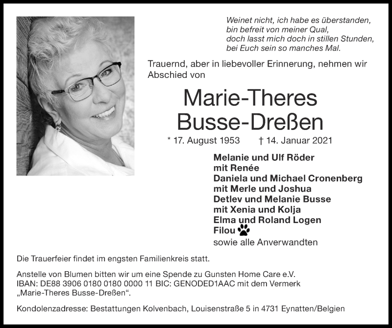  Traueranzeige für Marie-Theres Busse-Dreßen vom 24.01.2021 aus Zeitung am Sonntag