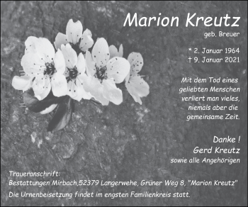 Traueranzeige von Marion Kreutz von Zeitung am Sonntag