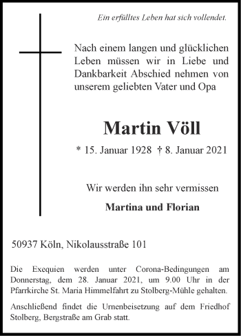 Traueranzeige von Martin Völl von Zeitung am Sonntag