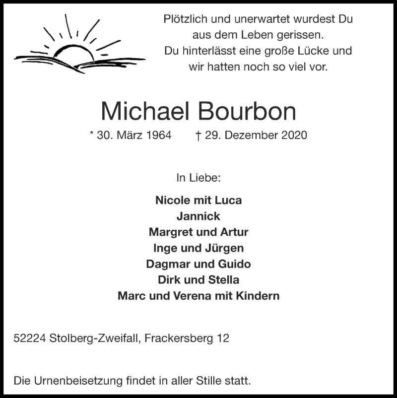  Traueranzeige für Michael Bourbon vom 10.01.2021 aus Zeitung am Sonntag