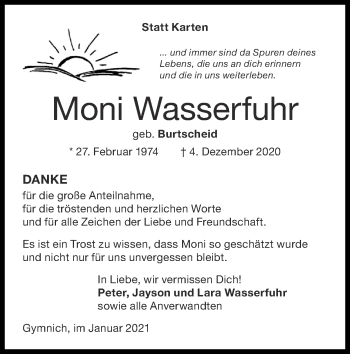 Traueranzeige von Moni Wasserfuhr von Zeitung am Sonntag