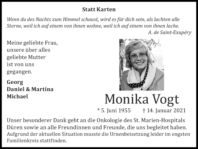  Traueranzeige für Monika Vogt vom 31.01.2021 aus Zeitung am Sonntag
