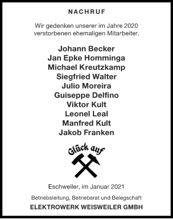 Traueranzeige von Nachruf Elektrowerk Weisweiler von Zeitung am Sonntag